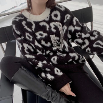 Есен/зима 2022 Нов Дамски пуловер корейската мода през Цялата силует Свободен пуловер с леопардовым принтом и дълги ръкави, в долната част на пуловери, Топ