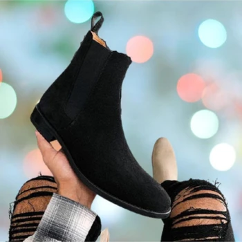 Есен-Зима Нови мъжки обувки, ръчно изработени от черен велур Велур ботильоны Челси Класически универсални Удобни мъжки обувки 5KE415
