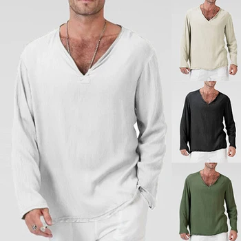 Есен-пролет с кръгло деколте Мъжки ризи с дълъг ръкав, Бельо памучен тениска с дълъг ръкав за Мъже готически дрехи Хипи Свободна мъжка тениска