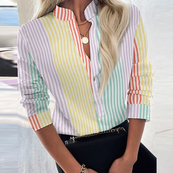 Есенна мода Печатни лоскутные дамски ризи с дълъг ръкав 2021 Нова елегантна блуза копчета с V-образно деколте, Пролетни дамски ежедневни блузи за пътуване до работа