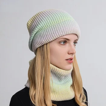 Есенно-зимни Вълнена шапка наклон цвят от две части Вязаная шапка с удебелени топла от защитата на ушите и защита от студ
