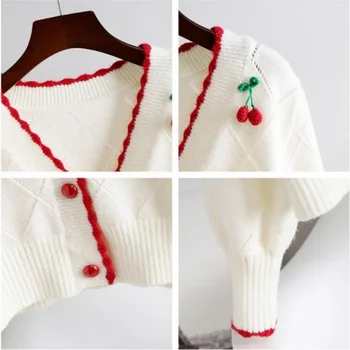 Есенно-зимни къс яке-пуловер дамска мода нов стил, темперамент с дълги ръкави и V-образно деколте, череша вязаный жилетка
