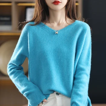 Есента Нов пуловер от чиста вълна, с V-образно деколте, женски вязаный най,голям размер, свободни в долната част, на ръкавите Raglan, на База пуловер JQ-116