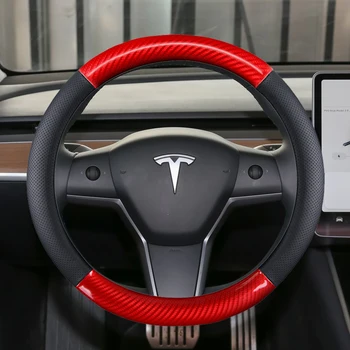 Естествена Кожа+Въглеродни Влакна 38 см За Tesla, Модел 3 Модел Модел Y X Модел S Покриване на Кормилното Колело на Аксесоари за интериора
