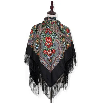 Етнически Саржевый памук квадратен шал с пискюли Мюсюлмански Baotou Есенно - зимния Ретро-кърпичка с принтом Туристически женски шал
