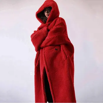 Жена Кожа от вълна от овце и изкуствена кожа Ежедневното дамско палто 2022 Новата зимна мода Топло ревера с качулка със средна дължина Женски меховое палто NBH304
