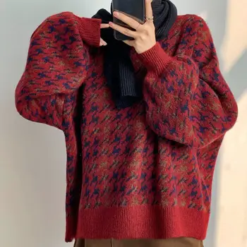 Жена пуловер в стил Мозайка, без ръкав-фенер, лесен вязаный пуловер, дамски елегантен, Универсален Модерен Градинска облекло 2021 Нова
