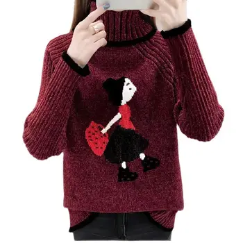 Жена пуловер с висока воротом 2021 Женски есенно-зимния пуловер без кадифе/плюс velvet Дамски пуловер модни възли върховете 3XL D