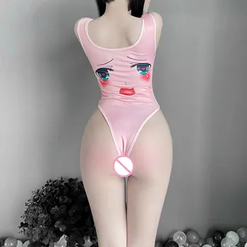 Жена секси аниме Боди за лице с отворена промежностью, Скрита пуговица, Плюшевое еротично бельо, цял бански, Розови костюми за cosplay Kawaii