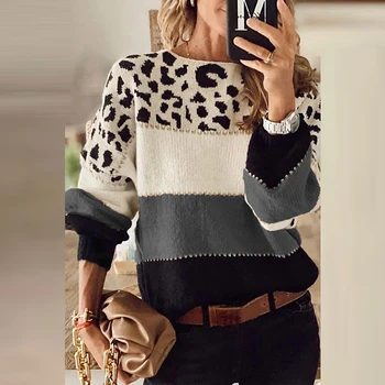 Жена Случайни пуловер с кръгло деколте в стил мозайка Топ Есен зима Дамски елегантни пуловери с ръкави-фенерчета Женски Плюс Размера на Свободна плат 3XL
