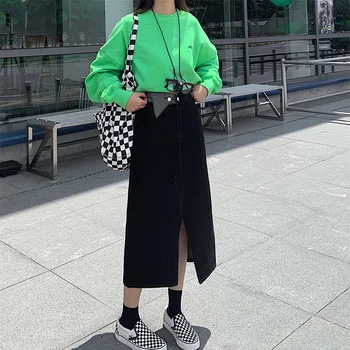 Женска пола Есен 2021 Корейската мода пригородная однотонная пола с висока талия и нарязани на дълги дънкови поли