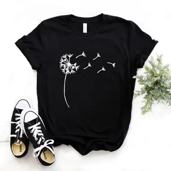 Женска тениска с диви цветя и глухарче, принт, женска тениска с черепа, памучен Ежедневни забавна тениска Подарък яке за дами Йонг, тениска за момичета