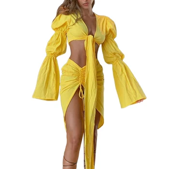 Женски Секси комплект дрехи от две части, Обикновена съкратен блузи с дълбоко деколте и пола с цепка, Жълт/ Розов/ Бял