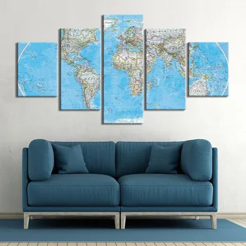 Живопис върху платно абстрактна карта на света Плакати и щампи начало декор 5 бр. сини стенни Художествени картини за хол