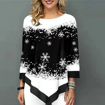 За жени Коледен топ с принтом сняг Новата Пролетно-есенна риза в стил мозайка с дълъг ръкав Модни дамски Ежедневни О-образна врата Асиметричен пуловер 5XL