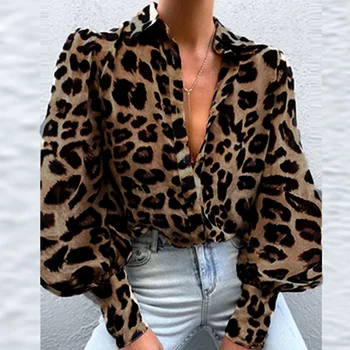 За жени Секси блуза с леопардовым принтом Ризи Офис дама Елегантен отложной яка, копчета Върховете Есен Ежедневното ръкав-фенер Ретро Blusa