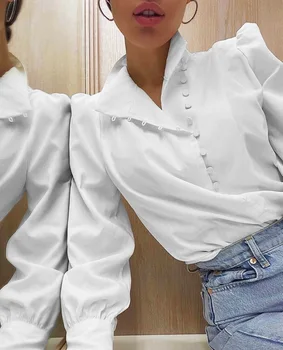 За жените е Елегантно поло блуза с дълъг ръкав Бяла риза Офис дама в Топ Ежедневното однобортное однобортное с пищни ръкави на Женските блузи