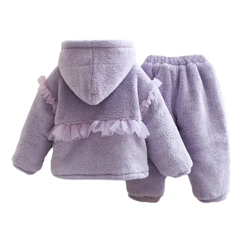 За момичета Зимни руното домашно облекло Корейската версия Сладък завързана лък с качулка Спално бельо с дълъг ръкав, Детски пижамный костюм 3-7 години