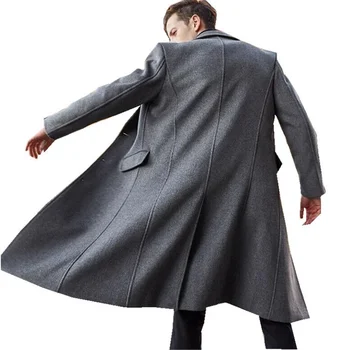 За мъжете-дълга вълна палто в английски стил За мъже тренч с дълъг ръкав Плътен цвят Однобортный Есен зима Свободни Ежедневни