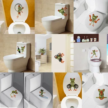 Забавно 3D жаба тоалетна стикер креативна зелена жаба, автомобилни винилови етикети са водоустойчиви стикери за баня и тоалетни стенни картини за декорация на дома