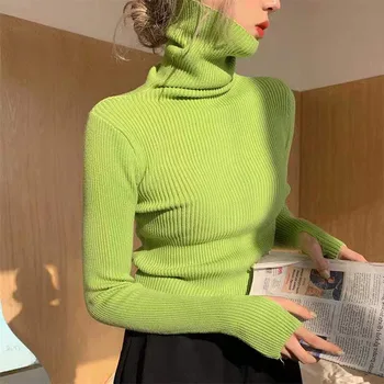 Зелена поло Пуловер Пуловер с висока воротом Вязаный пуловер Pull Femme Корейски Тънък Основен жилетка 2021 Модни дрехи с дълъг ръкав