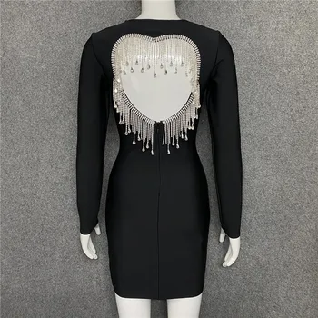 Зима 2021, За жени-Секси е с дълъг ръкав Пискюл Кристал Диамант Черно бандажное рокля Елегантна вечерна рокля за партита на известни личности Vestido