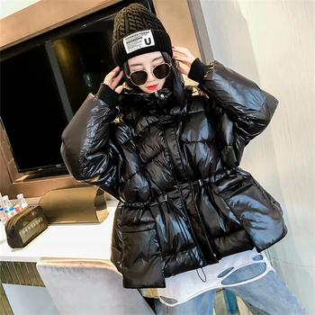 Зимна Нова лъскава къса яке За жени с качулка Корейската мода Гъст топло водонепроницаемое палто Паркове Дамски дамски меки дрехи H830