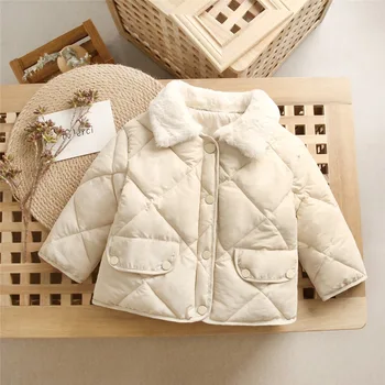 Зимна памучен яке за момичета мода универсална дебела топло яке с кожа яка за момчета Корейската версия на 2-7 години на детски качествени дрехи