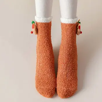 Зимни дамски Коледни пухкави плюшени чехли на лигавицата на Чорапи Карикатура на Дядо коледа, Снежен човек Елен Домашен пол Нескользящие топлинни Трикотаж носочные на продукта
