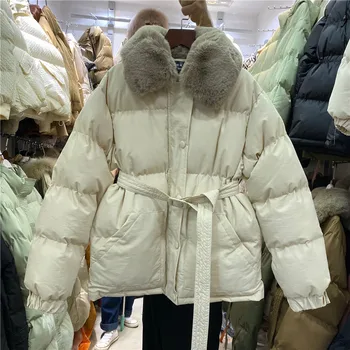 Зимни дамски яке-ватник за самоусъвършенстване, модерен кожа яка, Ежедневни яке-парка, палта, однобортная талия, дебели топло яке