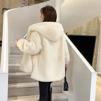 Зимни дебели топло яке от изкуствена кожа заек Рекс Палта Дамски Корейската мода Свободна цип, с качулка Пушистое палто от кожа агне Връхни дрехи на жените