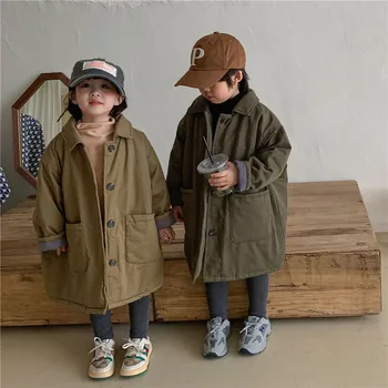 Зимни детски прости обикновена ватирани дълги унисекс стилни сака от памук ежедневните свободни палто с отложным яка памучна подплата