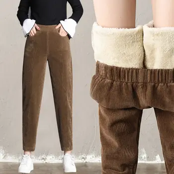 Зимни панталони за жени от агнешко месо Кадифе Морков панталони Дамски дрехи Свободни, плюс кашмир панталон-молив Обикновен Ежедневни вельветовые панталони