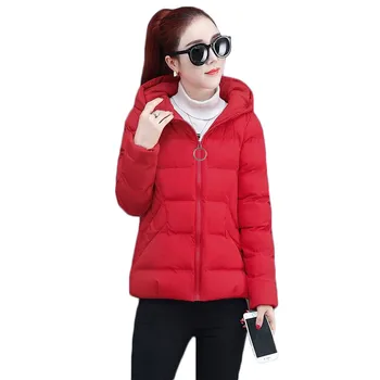 Зимно яке дамски червена плюс размера на паркове с качулка 2020 есен нова корейска къса тънка с дълъг ръкав пухени памук палта feminina JD844