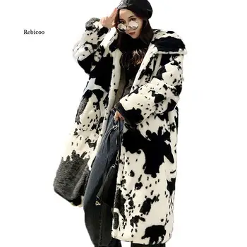 Зимно яке-парка от изкуствена кожа-Дамски удебелена палто, с качулка, произведено от краве кожа Удължена козина голям размер Veste Fourrure Homme