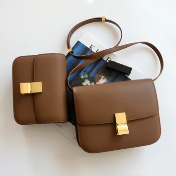 Златна Метална Луксозна дизайнерска чанта Класическа кутия с капак от естествена кожа Чанта за тофу Квадратна чанта с ключалка Дамски Ежедневни чанта през рамо