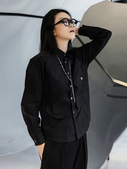 [ИАЛ] Женска черна плиссированная нерегулярная блуза С нов ревера с Дълъг ръкав свободно cut Риза Прилив на Мода Пролет Есен 2022 1DE3080