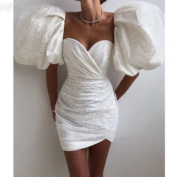 Искрящи бели вечерни рокли, Бельо просто рокля с пищни ръкави за бала Елегантна вечерна рокля за жените Вечерни рокли от 2021 г.