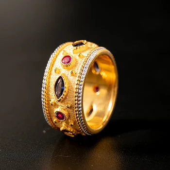 Италиански ретро дворцовое пръстен от сребро с ръчно модел, два тона бъде позлатен сребърен пръстен с инкрустация на цирконий S925