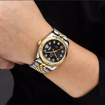 Карнавал на Топ Марката Автоматични часовници За мъже Луксозни Златни механични часовници с диаманти Дата Само Нагъната bezel Мъжки часовник horloges mannen