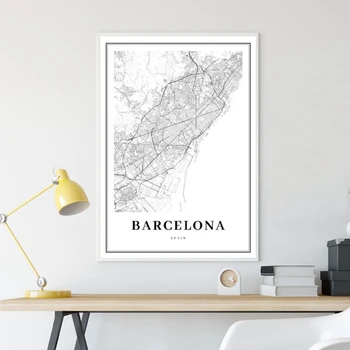 Карта на Барселона Печат Испания Испания Градска улица Пътна карта Плакат Съвременна Живопис върху платно, е Черно-бяла Картина на Офис Стенен Арт декор