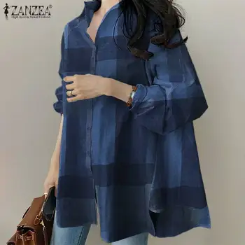Кафтан Есенни ризи ZANZEA 2021 Женски каре блуза с дълъг ръкав Провиснал Блузы Дамска туника с ревери копчета Клетчатая ризата голям размер