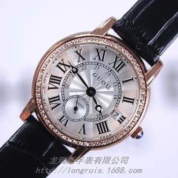 Кварцов часовник GUOUBrand високо качество дамски Часовници От естествена Кожа с бриллиантовым шарките на Слънцето с календар часовник
