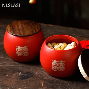 Китайската Червена Керамика Чай Caddies Пътен Пакетче За Чай Кутия За Съхранение на Запечатанная Банка за приготвяне на Кафе Туба Кухненски Съдове за подправки Сватбени подаръци