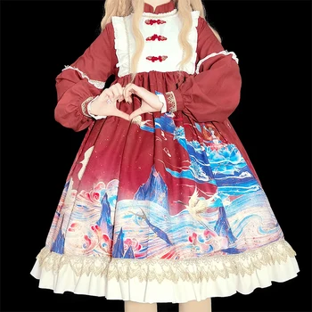 Китайски стил Лолита Японската Мека Момиче Ретро Сладката Лолита Винтажное рокля с дълъг ръкав Op Облечи Kawaii loli Рокля