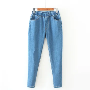 Класически стил за Дамски еластични дънки с висока талия, памучни и удобни за майките Ежедневни светло сини дънки Плюс Размер 5XL 6XL Панталони