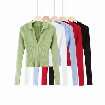 Коледен вязаный пуловер с ревера, однотонная женска риза с дъното, есенна тънка риза с висока талия, пъпа, обтягивающая еластична базова риза с дълъг ръкав