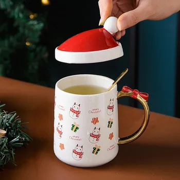 Коледен подарък Керамична Чаша Креативна Коледна шапка Чаша Домакински Чаша за вода с капак, Чаша за закуска с Чаша мляко Суроватъчен протеин на Прах