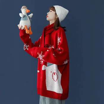 Коледен Червен пуловер За жени Снежинка Мечката с принтом Есен и зима Нов пуловер със свободен дъно Риза Сладко Момиче Върховете