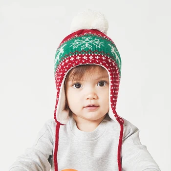 Коледна детска зимна шапка с помпоном Памучен вязаная детска шапка за момичета и момчета с руното облицовка Шапки-бомберы за деца
